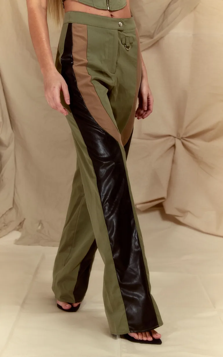 Khaki Twill Contrast Panel Straight Leg Trousers