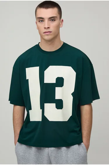 Oversized Boxy Varsity 13 Printed Scuba T-Shirt - forest