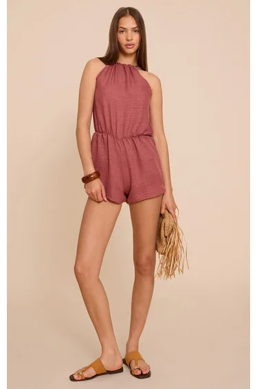 Rust Textured High Neck Floaty Playsuit