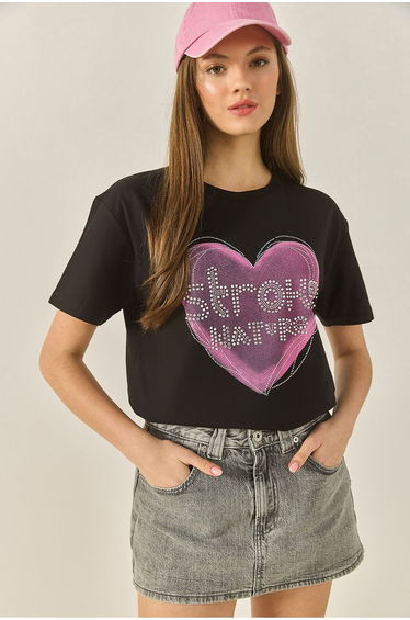 Women's Heart Printed Stone Detailed Regular Fit Cotton T-Shirt