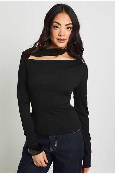Ribbed Slashed Neck Top with Trim Tie Neck - black