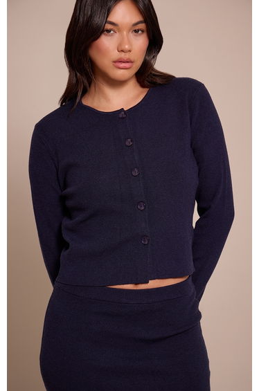 Navy Compact Knit Collarless Cardigan