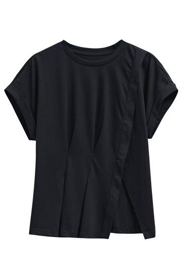 Asymmetric Slit Hem Rolled Cuffs Top in Black