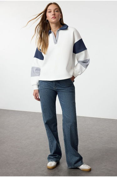 Ecru Color Block Woven Garnish Oversize/Wide Pattern Knitted Sweatshirt
