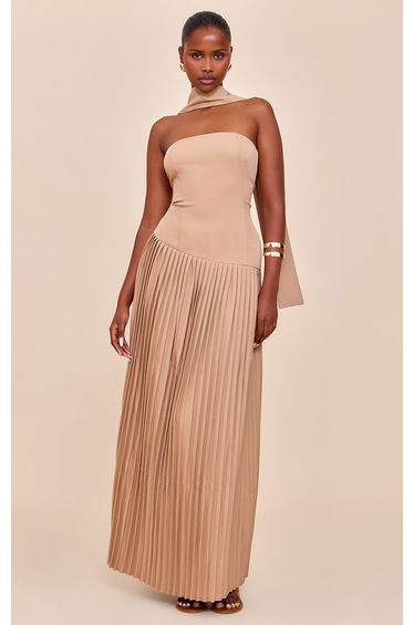 Taupe Woven Asymmetric Pleated Maxi Dress