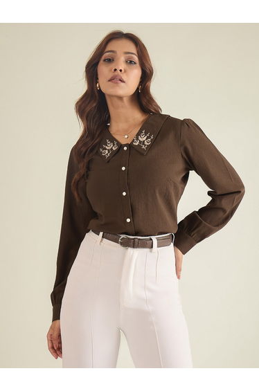 Women Brown Embroidered Collared Shirt
