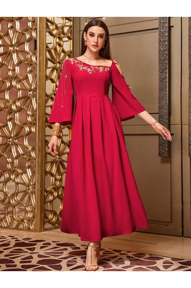Women Red Rhinestone Embellished Cut-Out Sleeve Maxi Dress