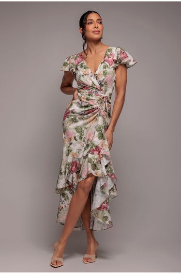 Floral Wrap High And Low Midaxi Dress - Cream by Goddiva
