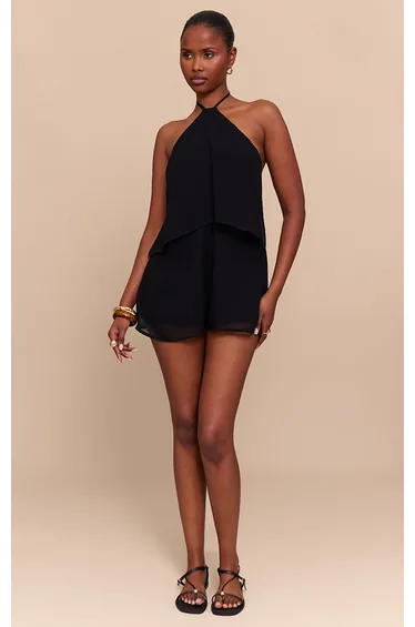 Black Chiffon Backless Bead Detail Floaty Playsuit