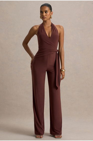 Marlais | Chocolate Plunge-Neck Jumpsuit With Tie-Waist