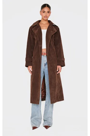 Chocolate Faux Suede Buckle Belt Trench Coat