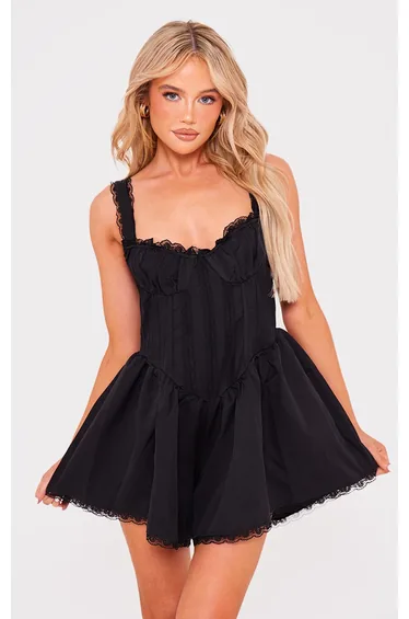 Black Woven Lace Detail Strappy Playsuit