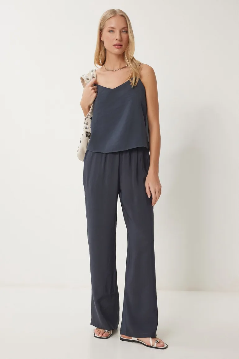 Women's Anthracite Straps Woven Blouse Pants Suit