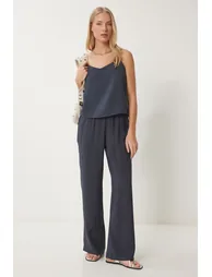 Women's Anthracite Straps Woven Blouse Pants Suit