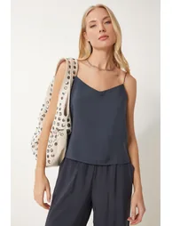 Women's Anthracite Straps Woven Blouse Pants Suit - 2