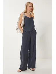 Women's Anthracite Straps Woven Blouse Pants Suit - 1