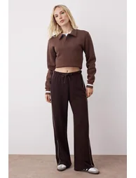Brown Wide Leg/Wide Cut Piping Detailed Knitted Sweatpants