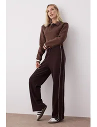 Brown Wide Leg/Wide Cut Piping Detailed Knitted Sweatpants - 1