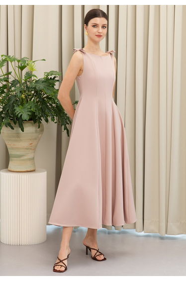 Lovely Bowknot Sleeveless Paneled Flare Midi Dress in Pink