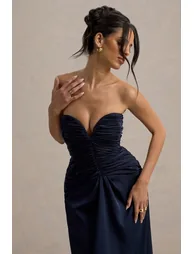 فستان ساتان مزموم بياقة سويتهارت لون كحلي - 2