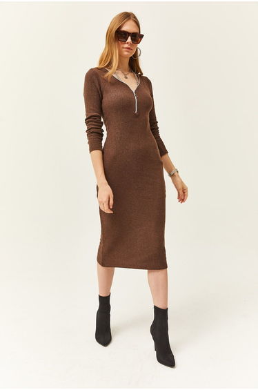 Olalook Brown Column Midi Dress with Long Sleeves