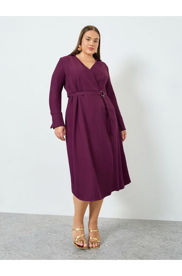 Plus Size Purple Long Sleeves Wrap Midi Dress