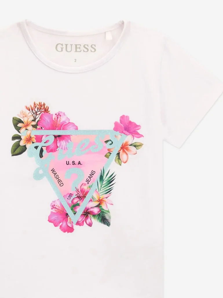 Guess Girls Tropical Logo T-Shirt in White - 2