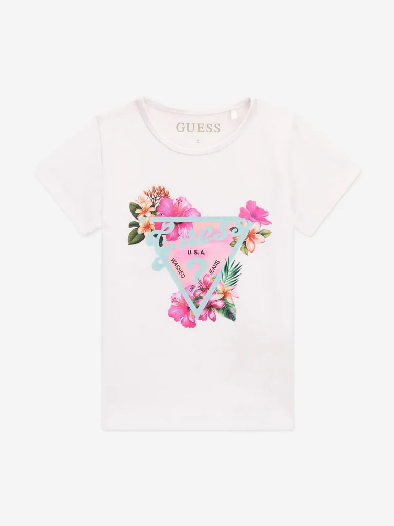 Guess Girls Tropical Logo T-Shirt in White