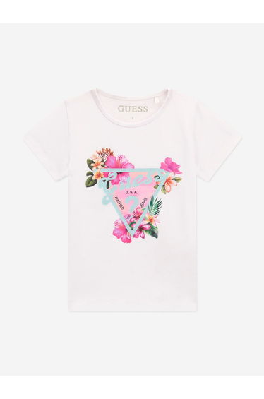 Guess Girls Tropical Logo T-Shirt in White