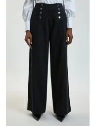 Denim Button Front Wide Leg Jeans - 1