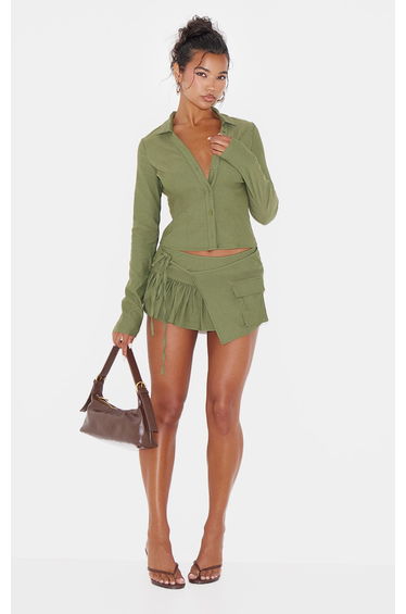 Khaki Woven Frill Detail Cargo Skort