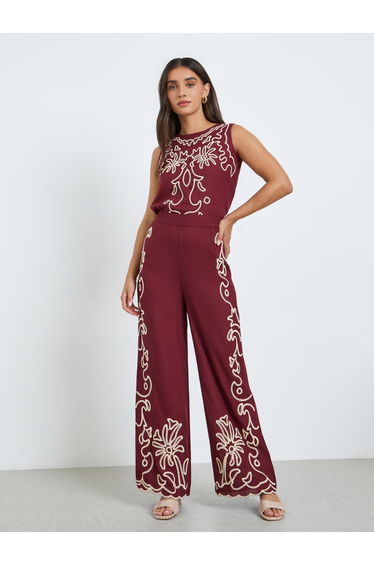 Women Burgundy Embroidered Wide Leg Trousers