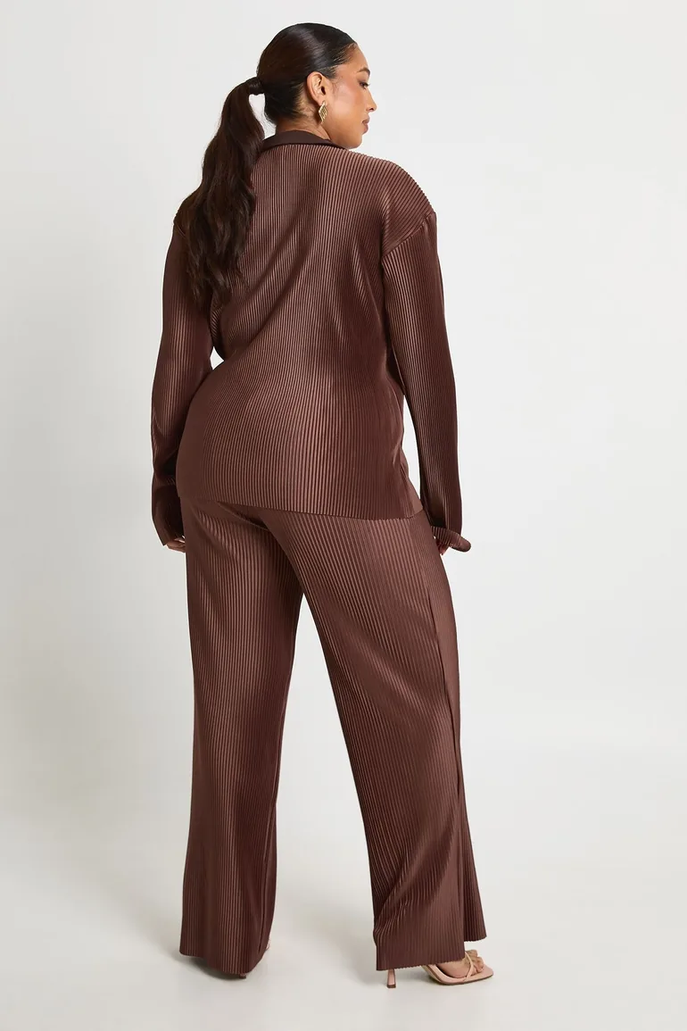 Plus Pleated Plisse Shirt & Wide Leg Trouser Co Ord - chocolate - 1