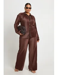 Plus Pleated Plisse Shirt & Wide Leg Trouser Co Ord - chocolate
