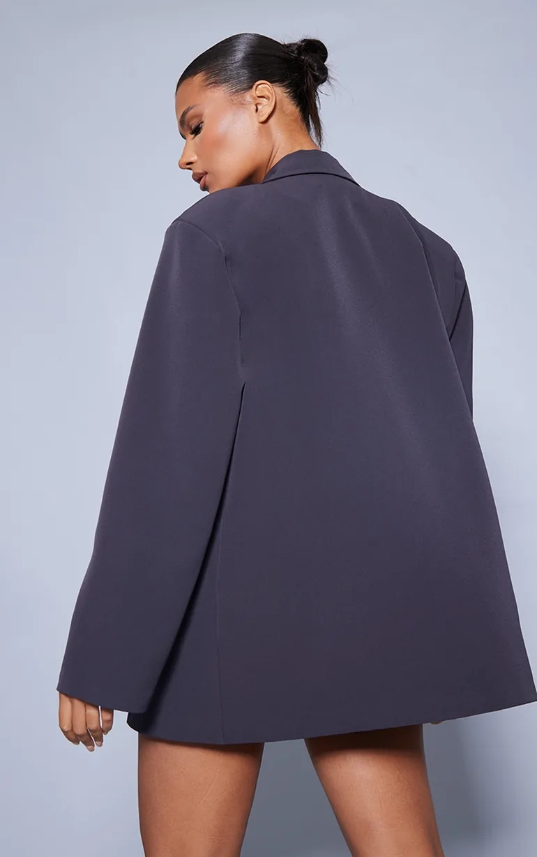 Grey Oversized Longline Curved Hem Blazer - 1