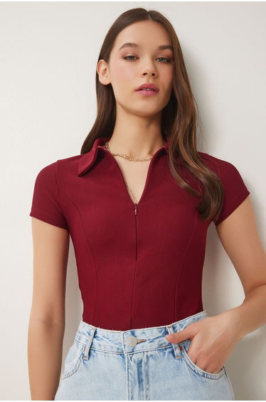 Women's Burgundy Polo Neck Zippered Knitted Blouse