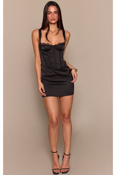 Black Satin Lace Cup Detail Mini Dress