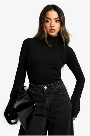 Flared Sleeve Rib High Neck Top - black