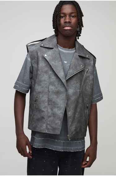 Regular Fit Sleeveless Biker Vest Washed Look PU
