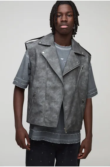 Regular Fit Sleeveless Biker Vest Washed Look PU