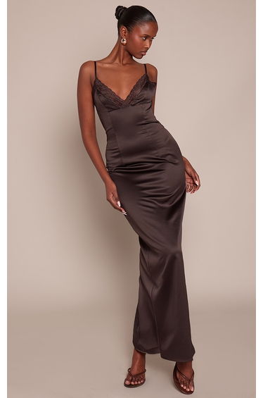 Chocolate Satin Lace Cup Lace Back Detail Maxi Dress