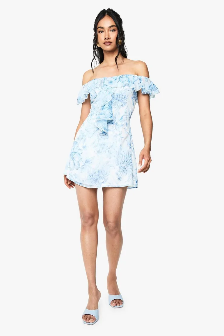 Floral Bardot Ruffle Detail Godet Mini Dress - blue Boohoo : Party Dresses : VogaCloset Bahrain Floral Bardot Ruffle Detail Godet Mini Dress - blue Boohoo : Party Dresses : VogaCloset Bahrain