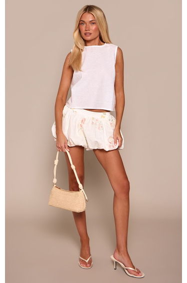 White Floral Embroidered Balloon Shorts