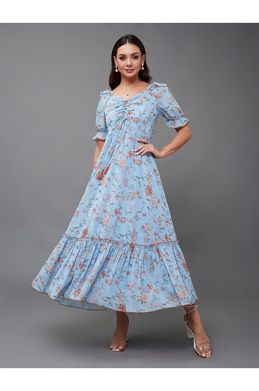All-Over Printed Ruched Detail A-Line Maxi Dress