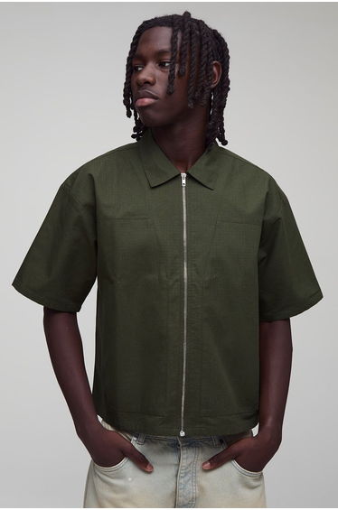 Oversized Boxy Worker Panel Ripstop Shirt - khaki