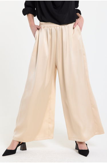 Beige Satin Wide Leg Trousers