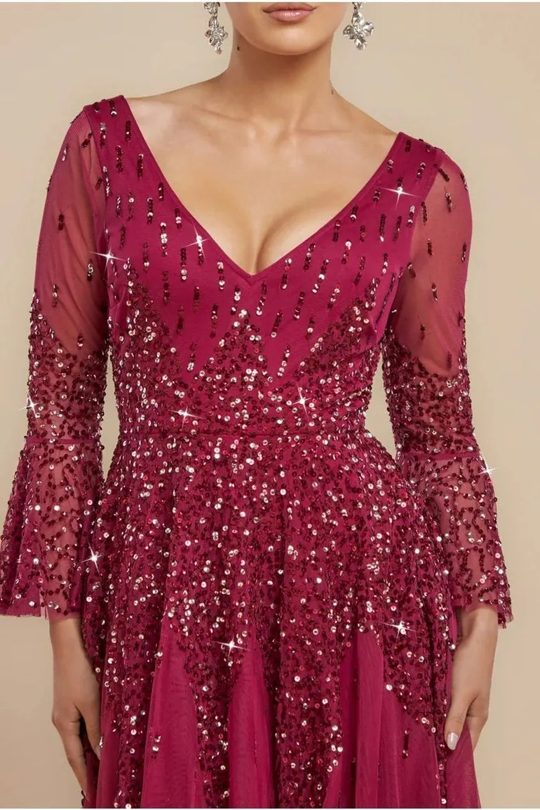 Goddiva Sunray Sequin A-Line Bell Sleeve Maxi Dress - Burgundy Goddiva Red  : Premium Dresses : VogaCloset Iraq