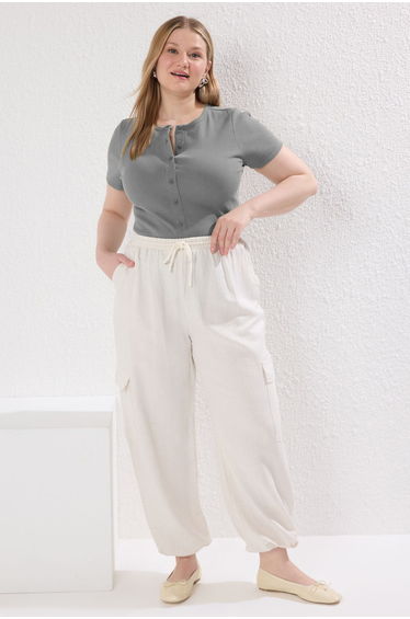 Grey Button Detail Fitted Corduroy Knitted Plus Size Blouse