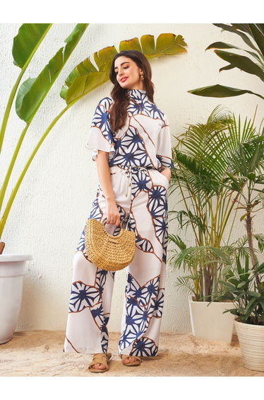 Abstract Print High Neck Top with Short Sleeves and Wide Leg Pants Co-Ord