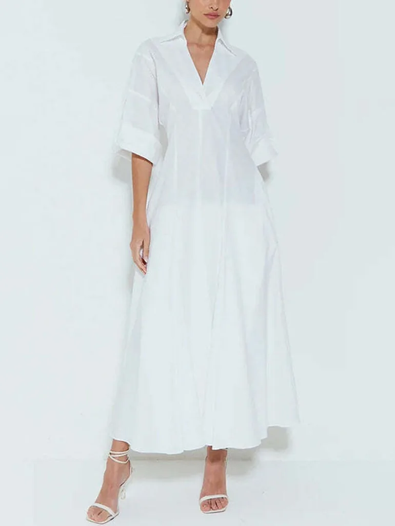 A-Line High Waisted Pleated Solid Color V-Neck Maxi Dresses Shirt Dress Uoozee White : Day Dresses : VogaCloset Bahrain A-Line High Waisted Pleated Solid Color V-Neck Maxi Dresses Shirt Dress Uoozee White : Day Dresses : VogaCloset Bahrain